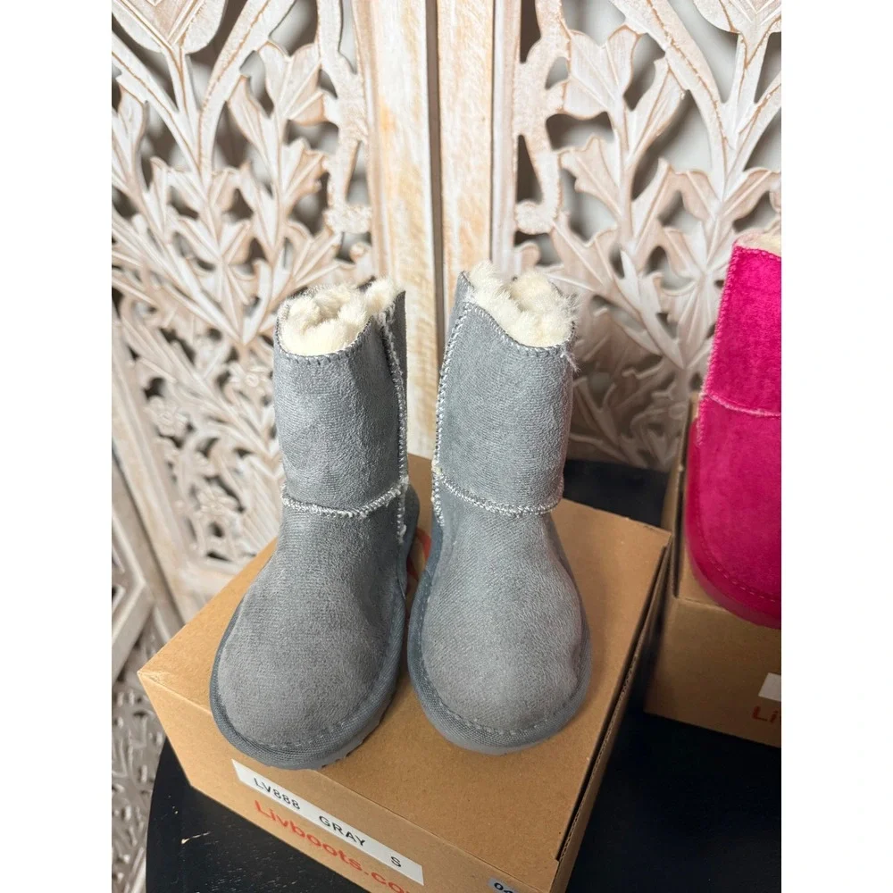 Livboots Kids LV888 Faux Suede Fur Lined Winter Boots Gray Hot Pink Size S NEW